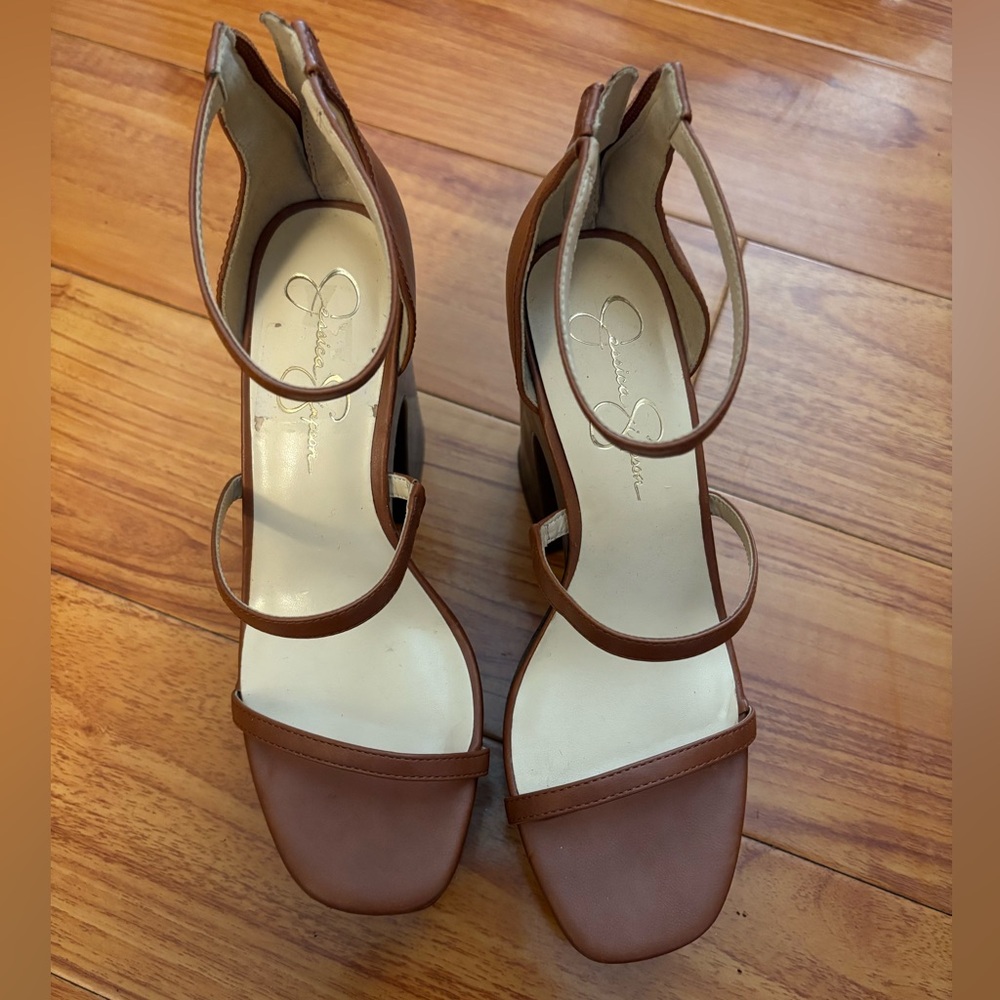 JESSICA SIMPSON Saveria Chunky Platform Heels Brown Strappy Ankle 5”